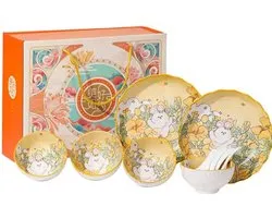 Set de Services de table japonais avec 4 Bols, 2 Assiettes, 4 Cuillères à soupe asiatiques – Céramique – Jaune/ Wit avec joli Design lapin et Fleurs – Idéal pour Pasen