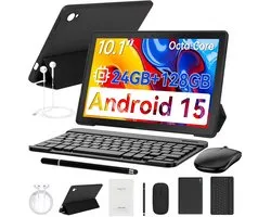 Tablette enfant 10,1 pouces - Tablette Android 15 - 24 (4+20) Go RAM / 128 Go ROM - Wifi 6 - Avec clavier, souris, écouteurs et protection - Idéal pour l'école, le télétravail et les voyages - Noir