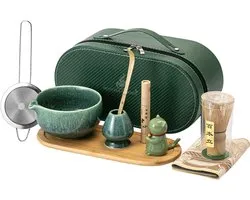 Traditionele Matcha set Deluxe - 10 delig - Premium Opbergkoffer (Hako) - Bamboe garde (Chasen) - Scooplepel(Chashaku) - Keramiek kom(Chawan) - Garde houder(Kusenaoshi) - Fliter zeef(Furui) - Onderzetter(Kozara) - Theedoek - Geurstokjes - Katdeco