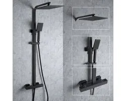 Auralum Max Douchette de pluie avec Mitigeur Thermostatique - Ensemble de douche Noir - Pomme de douche 10 pouces - Acier inoxydable - Ensemble douchette de pluie - Y compris Thermostatique en Cuivre - Hauteur réglable 88-125 cm - Noir