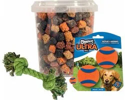 Combideal: Chuckit Ultra Bal Medium 6 cm 2 st + Mixtrainers Emmer 850 ml + Stevig flostouw
