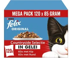 Felix Original Mix Selectie in Gelei - Countryside Selectie - Kattenvoer Natvoer - Rund & Kip - 120 x 85 g