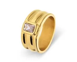 Lucardi Dames Stalen goldplated ring met wit zirkonia - Ring - Staal - Goudkleurig - 17 / 53 mm