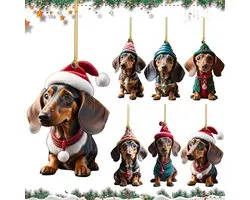 Dachshund Christmas Tree Decorations, 6 Pcs Christmas Pendants, Acrylic Christmas Tree Pendants, 2D Dachshund Pine - ShopVlot