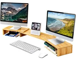 Fleau Home Verstelbare Monitor Verhoger - Laptopstandaard - Ergonomische Bureau organizer - Dubbele Monitorstandaard met Lade - Verhoging - Hout