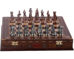 Medieval British Army Antique Copper Metal Chess Set for Adults, Handmade Pieces and Natural Solid Wood Chess Board with Pearl Design Round Board and Storage Inside King 2.75 inc