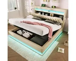 Polsterbett Doppelbett 180x200 cm mit LED-Beleuchtung, USB & Typ-C Anschlüssen, Hydraulischem Stauraum, Kopfteilregal, Stauraum-Bettgestell aus Leinen, Beige – Pauwhome