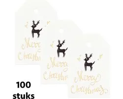 Set de 100 étiquettes de Noël Wit- Cerf Goud - 7 x 4,5 cm - Carton robuste - Avec trou