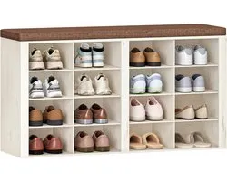 Hzuaneri Banc à chaussures avec assise, meuble à chaussures avec banc à 16 compartiments, banc d'entrée, étagères réglables pour salon, chambre, couloir, marron vintage et blanc