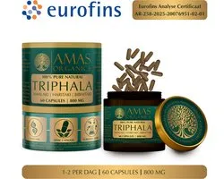 Amas Organics | 100% Pures Capsules De Triphalas Naturels | 800 Mg | 60 Capsules | Végan | Pur Et Naturel | Pot En Verre Recyclable | Certificat D'analyse Eurofins AR-258-2025-20076951-02-01 Inclus Avec Chaque Commande