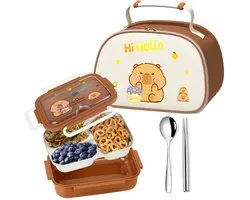 Namajunas - Capybara lunchboxset - Lunchbox kinderen - Roestvrij staal Broodtrommel met vakken - 1050 ml bentobox en 8L Koeltas - Capibara opbergzak - Koeltas Lunch - Met Lepel & Eetstokjes - Draagtas voor School, Kantoor, Picknick, Reizen - Cadeau