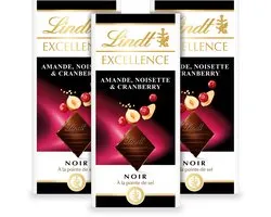 Lindt EXCELLENCE Chocolade Reep Puur - Cranberry Hazelnoot Amandel Pure Chocolade - 100g per reep - 3-pack
