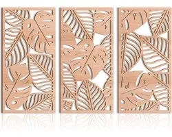 Sculpture murale en bois 3 pièces – Décoration murale style Boho – Motif feuille de Monstera et tropical – Art mural moderne et léger – Salon, chambre, bureau – 42 x 21 cm