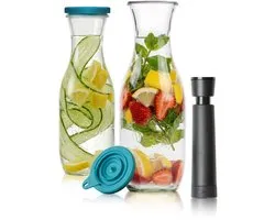 Airtender Waterkaraf 1000ml (2st.) | Instant Water Infuser | 2x Waterkaraf van glas (1L) | 2x Vacuümdeksel + GRATIS -pomp | Water infuseren met fruit | Plasticvrij | Vitaminerijk water | Zonder vacuüm te gebruiken | Vitamines bewaren met vacuüm