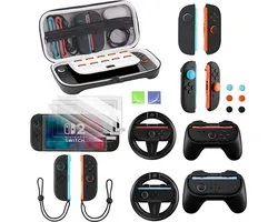 PlayCool 18-in-1 Bescherm & Race Kit – Accessoirebundel voor Nintendo Switch 2 – Beschermhoes, Screenprotectors, Thumb Grips, Joy-Con Siliconen Covers, Stuurset, Controller Grip set & Straps
