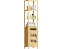 Armoire de rangement pour salle de bain, Étagère d’angle haute et étroite en bambou à 6 niveaux, Organisateur au sol peu encombrant avec étagères ouvertes et porte simple, naturel