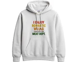Grappig BBQ Hoodie – I ENJOY ROMANTIC WALKS THROUGH THE MEAT DEPT. – BBQ Outfit – Unisex Hoodie voor Dames & Heren – Origineel Cadeau