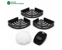 2Day Home Étagère d'Angle Douche Sans Perçage - 3 Supports de Douche Autocollants - Panier de Douche Noir pour le Coin Douche - Amovible - Éponge de Bain et Brosse en Silicone Incluses