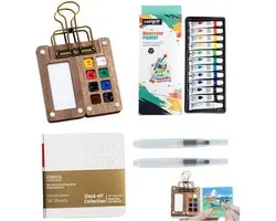 Mini-reisset voor aquarelverf - Draagbaar palet, 8 vakken - Compacte houten paletdoos - Reisverfbakje in zakformaat - Met metalen clip - Aquarelpalet met 12 kleuren en 2 aquarelpenselen - Aquarel-schetsboek - Voor kunstenaars en studenten