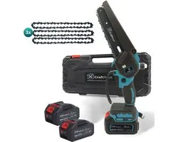CraftRoot Elektrische Mini Kettingzaag - Draadloze Compacte Kettingzaag met Automatische Kettingsmering - Handkettingzaag - Snoeizaag - Takkenzaag - 2x 4.0Ah Accu's - Opberg Koffer - Brushless