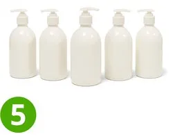 5x Lege Plastic Fles sirop 500ml PET - Wit - Rond - Witte Dispenserpomp - 28ROPP - ALPHA - BPA vrij - Pompfles - Reisflesjes - Plastic Flessen Navulbaar - Shampoo Dispenser met Pomp - Lege Flesjes - Zeep Pomp - Lekvrij - Hervulbaar - Zeeppompje