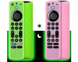 Silicone Ver Geval (2st, Glow in the Dark) Compatibel met Firestick 4K Max/Insignia/Pioneer/Omni (QLED) serie Alexa stem afstandsbediening Verbeterde met sleutelkoord (groen + roze)