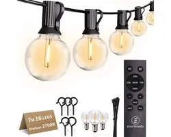 EverNeeds G40 Lichtsnoer Buiten - Prikkabel 7m - 16 LED - IP44 - Dimbaar met Afstandsbediening - Lichtslinger - Sfeerverlichting Buiten en Binnen - Warm Wit 2700K - 3 Extra LEDs