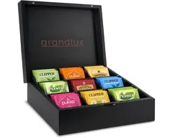 Boîte à thé Grandlux 9 compartiments - Compartiments spacieux pour Clipper, Pukka, Twinings et Thee en vrac - Coffre à thé - Zwart