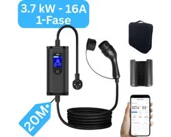 Premium 3.7 kW Mobiele thuislader elektrische auto Type 2 met mobiele App | 20 meter | 16A 1-fase | Instelbaar van 6A-16A | Met gratis houder & tas | Uitgesteld laden | 2 jaar garantie | IP65 Waterdicht | Mobiele lader vanaf stopcontact (schuko)