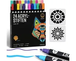 NAPI 24 Acrylstiften Dual Tip - Twinmarkers - Verfstiften Happy Stones - Stenen Schilderen met Acryl Verf Marker Stiften - Volwassenen en Kinderen - Incl. 2 Mandala Sjablonen