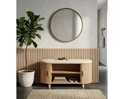 Opbergbank met Tambour Deuren - Japandi Halbank & Entreebank met Opbergruimte - Eiken Look - 90 cm
