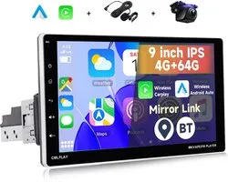 Autoradio Boscer® 1Din - Android 15 - Apple Carplay et Android Auto (sans fil) - 4+64 Go - Écran tactile IPS HD 9 pouces réglable - Système de navigation GPS - Bluetooth, USB, Wi-Fi et MP5 - Caméra de recul HD et microphone