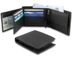 Garzini heren portemonnee leder, portefeuille RFID, tijdloos billfold model muntvak, briefgeldvak, 15 pasjes, Zwart