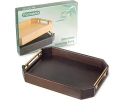 Natural thickened bamboo tray with ergonomic and aesthetic metal handles, perfect for serving food, breakfast in bed, tea, coffee, dark brown