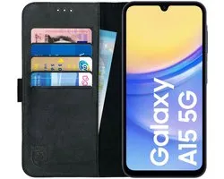 Rosso Deluxe Étui en Cuir véritable pour Samsung Galaxy A15 | Espace pour trois cartes | Étui portefeuille | Avec porte-cartes | Noir