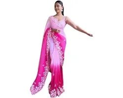 KULIA® Bollywood Saree with Unstitched Blouse Piece Ethnic Fire Embroidery Pink Georgette Saree Designer Clothes Traditional Women Dress Bollywood Party Costumes Indian Saree Wedding Gifts, Pink, pink