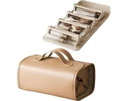 Toilettas, Make Up Tasje, Make Up Koffer, Beautycase, Make Up Organizer, Make Up Tas, Reis Toilettas, Reistas, Toilettas Dames, Make Up Organizer, Make Up Etui, Cosmetica Tas, Verjaardag, Valentijnsdag, Cadeautje, 4-Delige Organizer, Pu Leer, BRUIN