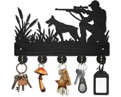 Hunt Wall Mounted Coat Rack - Hunter Hound Reed Wood Key Hooks for Wall - 30×20cm Black Key Holder Hanger Wall Art Decor met 5 Alloy Hooks voor Gift Hallway Entryway Kitchen