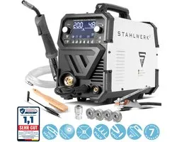 Poste de soudage à l'arc numérique sous protection gazeuse STAHLWERK MIG MAG 200 Spot Pulse Pro | Onduleur IGBT de 200 A, dévidoir synergique, entraînement à 4 rouleaux, fonction FLUX, Lift-TIG et MMA/ARC | Impulsion MIG pour l'aluminium