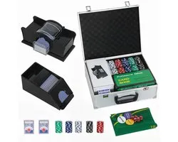 Luxe Pokerset met 300 Chips - 2 Kaartspellen - 5 Dobbelstenen - Aluminium Koffer - 36x30x15 cm - Pokerchips Complete Set - Pokerspel - Kaartspellen - voor 8 Spelers - voor Texas Hold'em, Blackjack