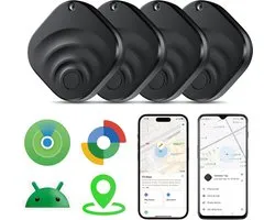 Rayofi Air Tag-Bluetooth Tracker & KeyFinder - Werkt met Apple Find My & Android Find My Device - Tracker Apple iPhone & Android - 4 Pack- Sleutelvinder/Keyfinder - Koffer - Bagage - Fiets, Fatbike, Scooter, Auto, Fiets, Kat & Kind - Zwart