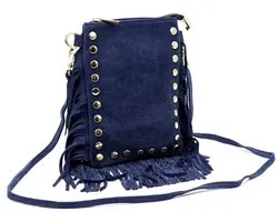 Donkerblauwe Suède Schoudertas Fringe & Studs - Boho Suede Schoudertassen - Franjes en Gouden Studs - Trendy Tasjes - Donkerblauw / Navy