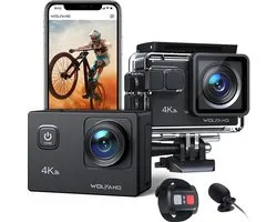 WOLFANG GA100 Action Camera 4K 20MP Étanche 40M Caméra Sous-Marine Stabilisation EIS WiFi 170° Caméra Casque Grand Angle (Microphone Externe, Télécommande, 2 Batteries et Kit d'Accessoires)