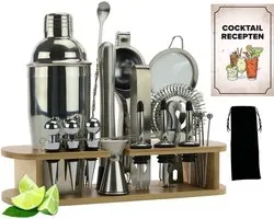 KitchenBrothers Cocktail Set - 25 delig - Inclusief Cocktail Shaker (750ml) - Compleet voor Cocktailbar - Lichtbruin/Bamboe - Cocktailset - BPA-Vrij - Met Receptenboekje - Cadeauverpakking