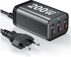 200W USB C Charger 6 Port PD 100W 65W 45W 20W GaN Wall Charger Adapter Plug USB A Fast Charging Station Block geschikt voor MacBook Pro/Air, iPad, iPhone 17 16 Galaxy S26 Pixel Dell Laptop Type C Phone Android