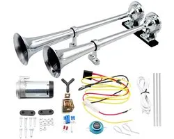 12V luchthoorn - 43 cm - 600 dB - Dubbelbuis luchthoorn - Extra luide luchthoorn - Luchthoorn van zinklegering - Inclusief compressor - Geschikt voor auto's, SUV's, motoren, treinen en boten - Zilver