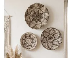 StudioBoho - Set van 3 Gevlochten Zeegras Wandschalen (Ø35, 30, 25cm) - Ronde Boho Wanddecoratie, Woondecoratie & Woonaccessoires - Handgemaakte Rieten Muurmanden Woonkamer Slaapkamer - Bohemian Ibiza Stijl Wandborden - Natuurlijk Rotan Muurdecoratie