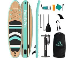 LifeGoods PaddlePro SUP Board - Opblaasbaar Paddle Board - Complete Set - Max. 150KG - 320x81cm - Hout/Mintgroen