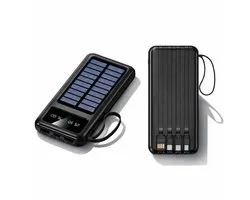 Tech Essentials Pocket Mini Solar Powerbank 10000 mAh – Avec Câbles Intégrés – USB-C – Énergie Solaire – Panneau Solaire – Chargeur – Urgence – Noir
