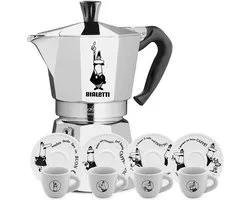 Bialetti Moka Express 4 kops + Carosello espresso kop en schotel 4 stuks